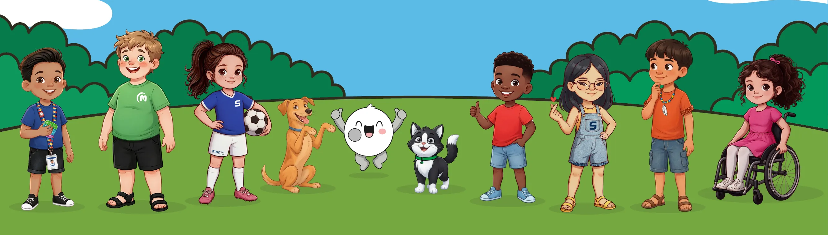 A Turma do Smartinho reunida no parque: Davi, Zezinho, Didi, a cachorrinha Paçoca, Smartinho, o gato Marshmallow, Pedrinho, Yumi, Cauã e Bia.